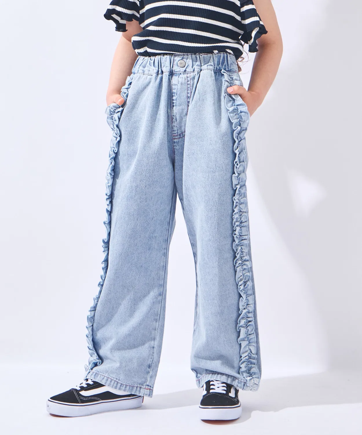 Джинсовые брюки с рюшами ever closet, длина в пол, цвет сакс-блю