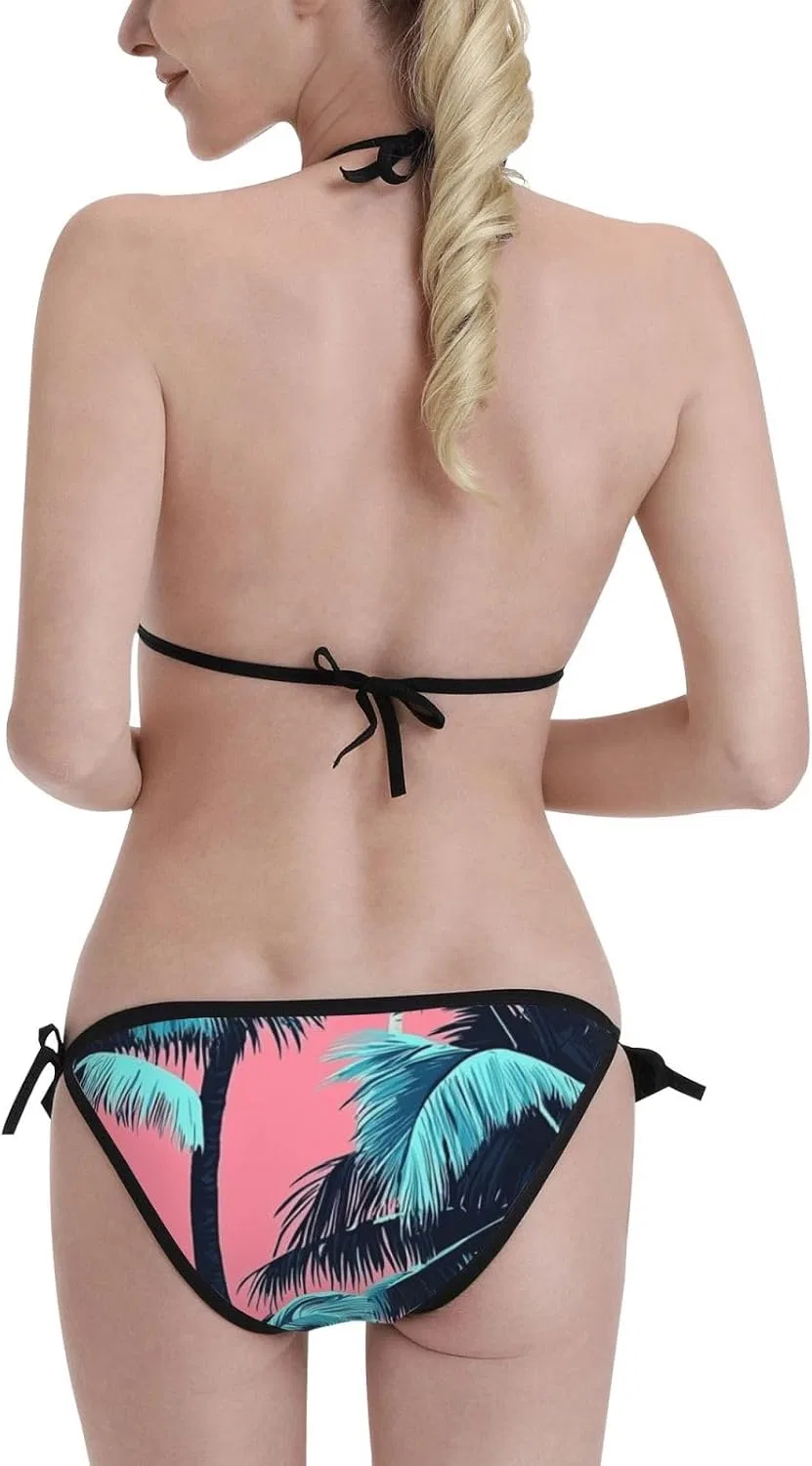 Женский бикини-сет с цветочным принтом Halter Triangle Tie Side, Pink Palm Tree — фото 4