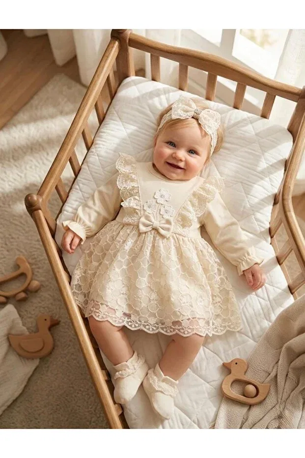 Детское платье для девочек с длинным рукавом комплект 2 шт Religious Ceremony Dress With Bandana And Lace Miniday Baby, Beige