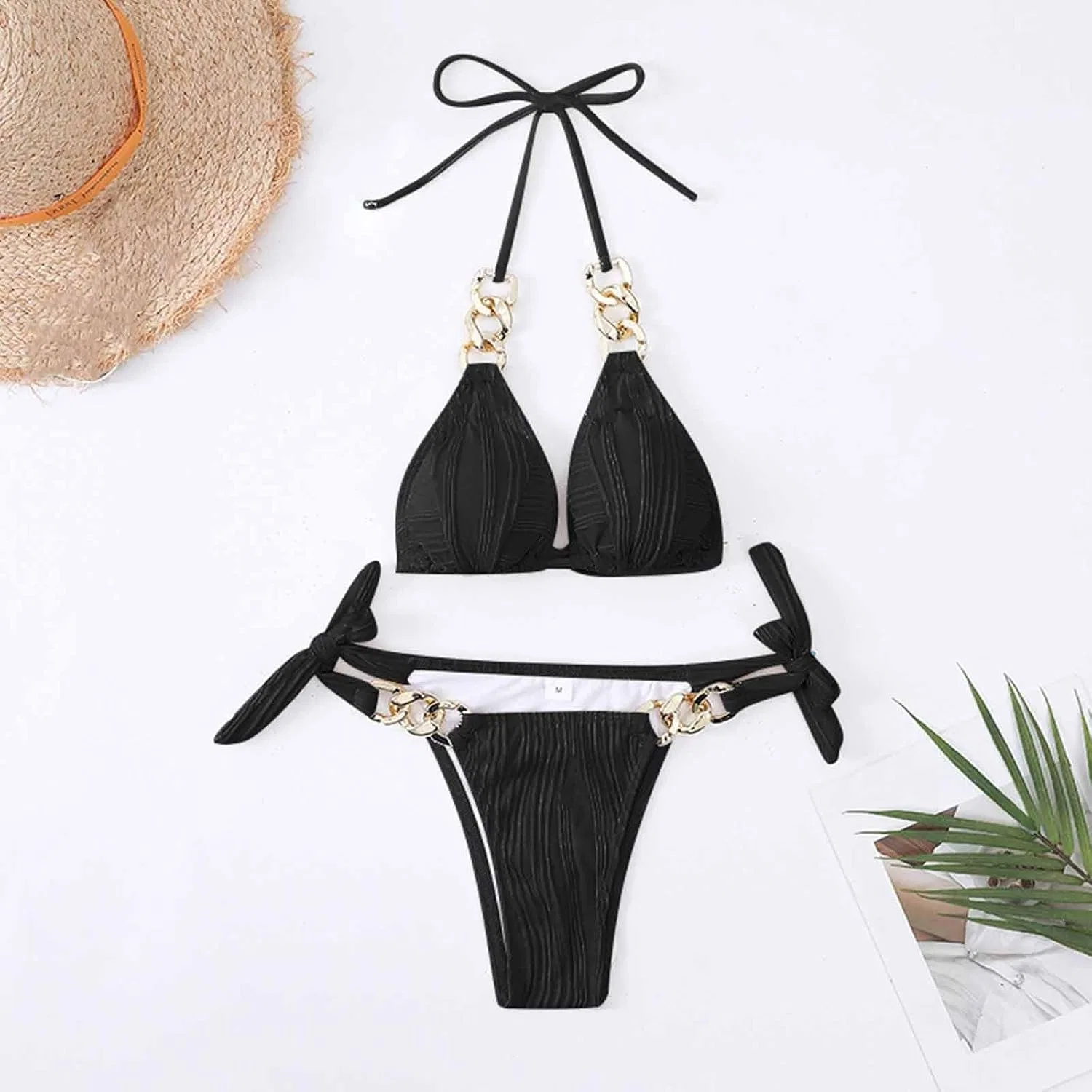 Женский бикини-сет с цепочкой Triangle Halter Top, Tie Side Bottom, Black — фото 4