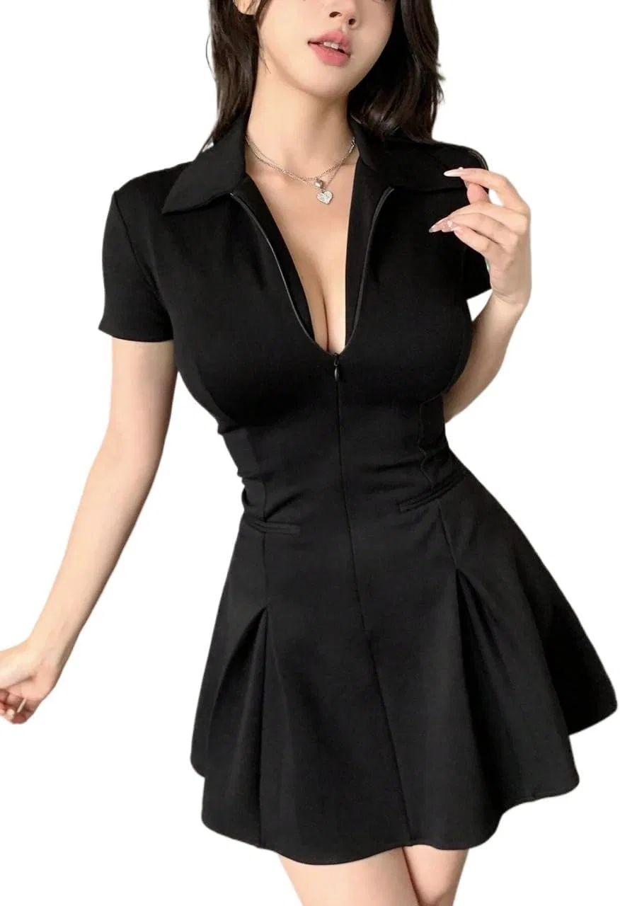 Женское платье A-силуэта мини с коротким рукавом, Black