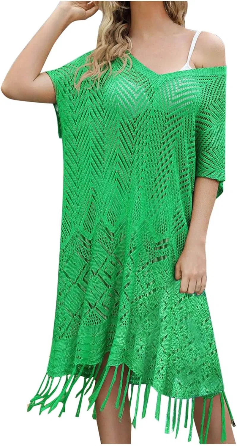 Женская пляжная туника с бахромой крючком, Green