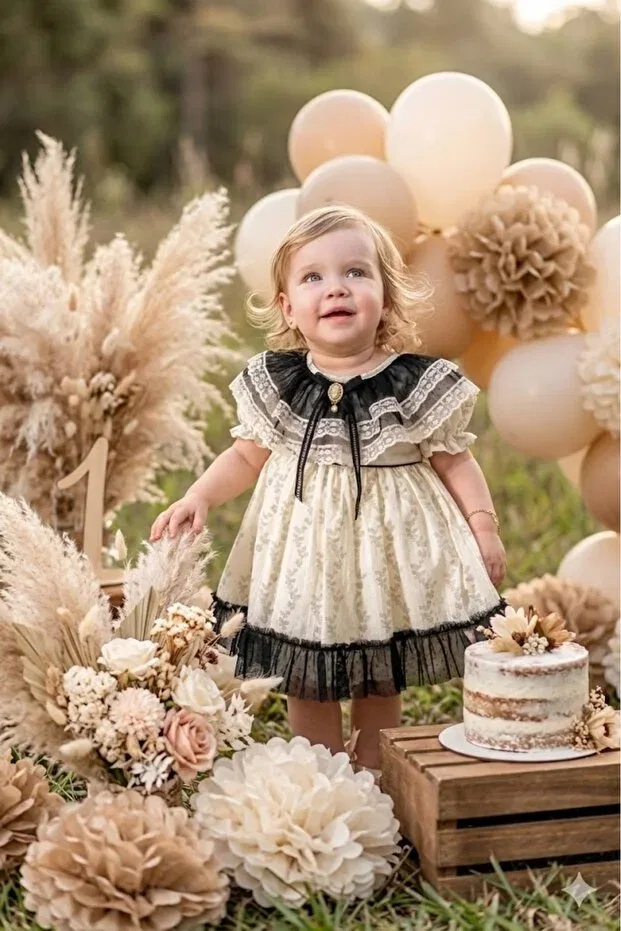 Детское платье для девочек с коротким рукавом Baby Girl Vintage Dress with Bandana Accessory Noy Noy, Ecru