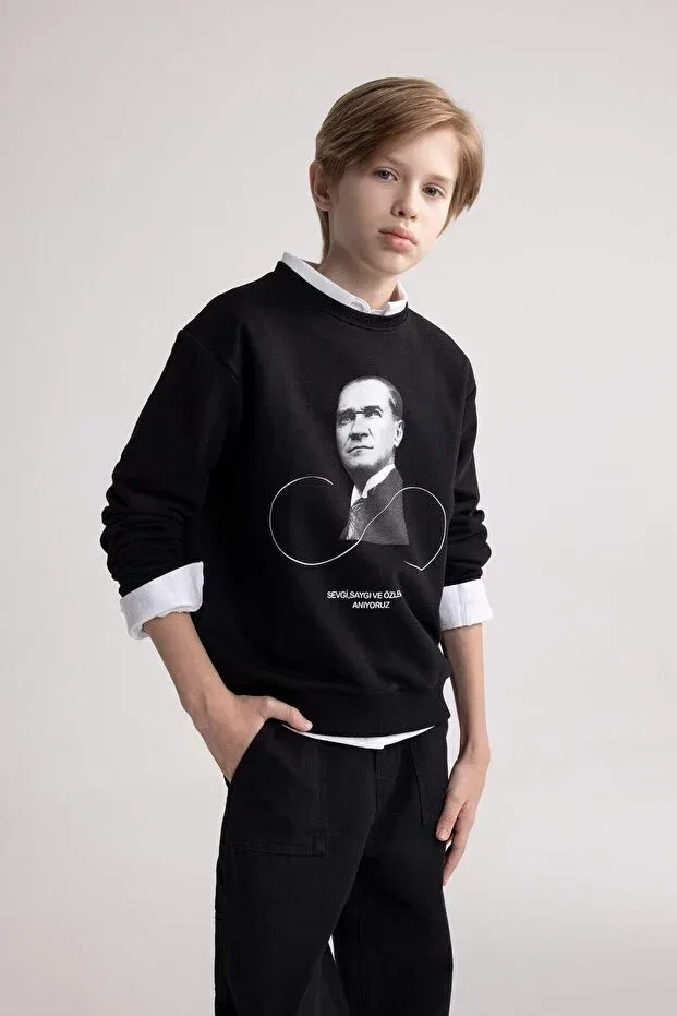 Детские свитшот для мальчиков с принтом Ataturk Printed Defacto, Black — фото 3