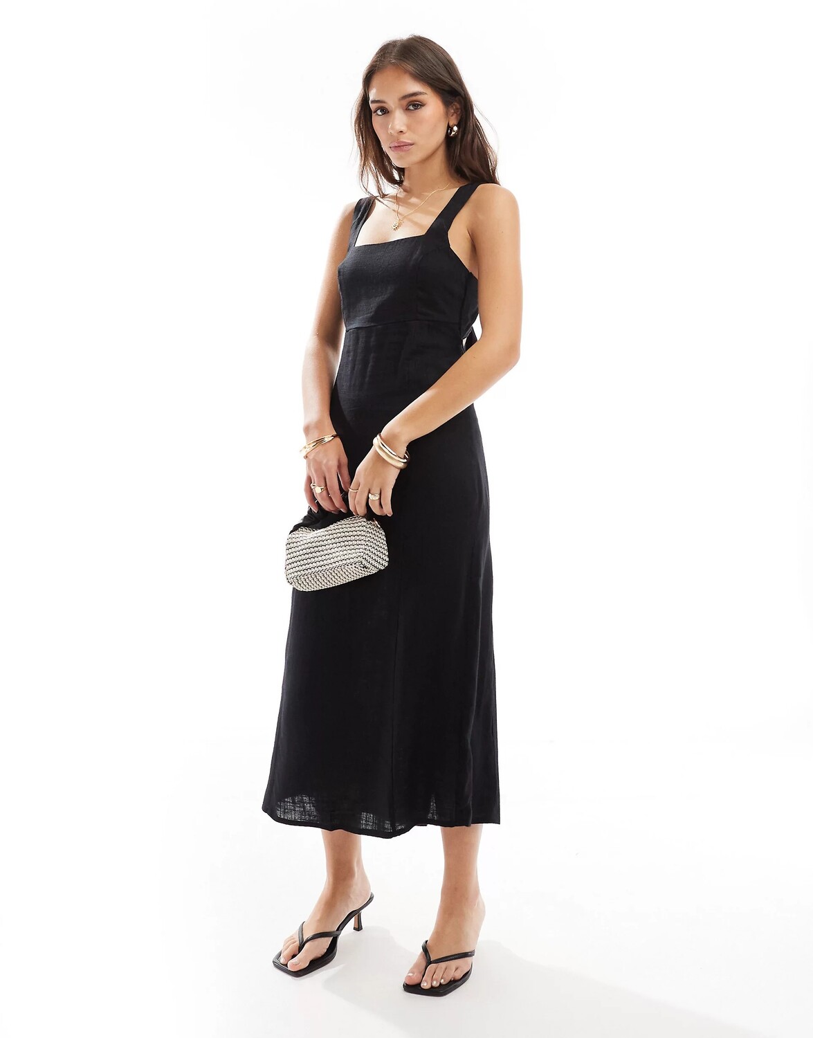 

Сарафан миди Asos Design Square Neck Tie Back Linen, черный