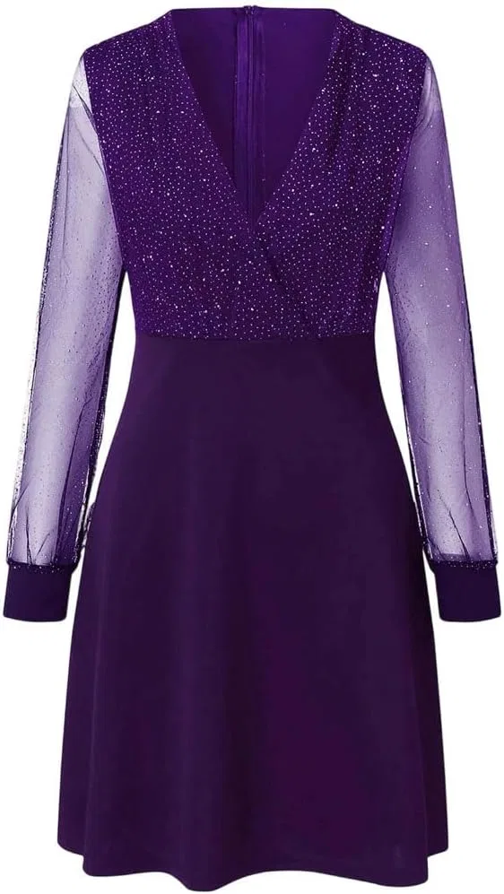 Женское элегантное коктейльное платье с пайетками V-образным вырезом Vintage, Purple