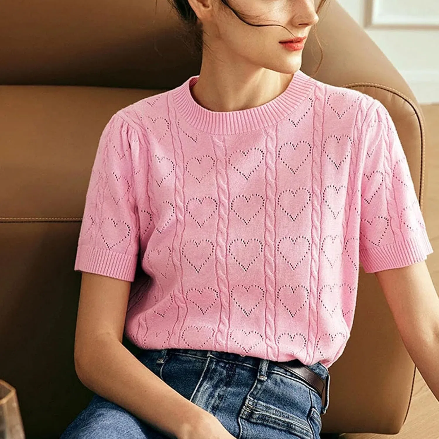 Женский пуловер с коротким рукавом, вязаный, с круглым вырезом, Pink Pullovers — фото 2