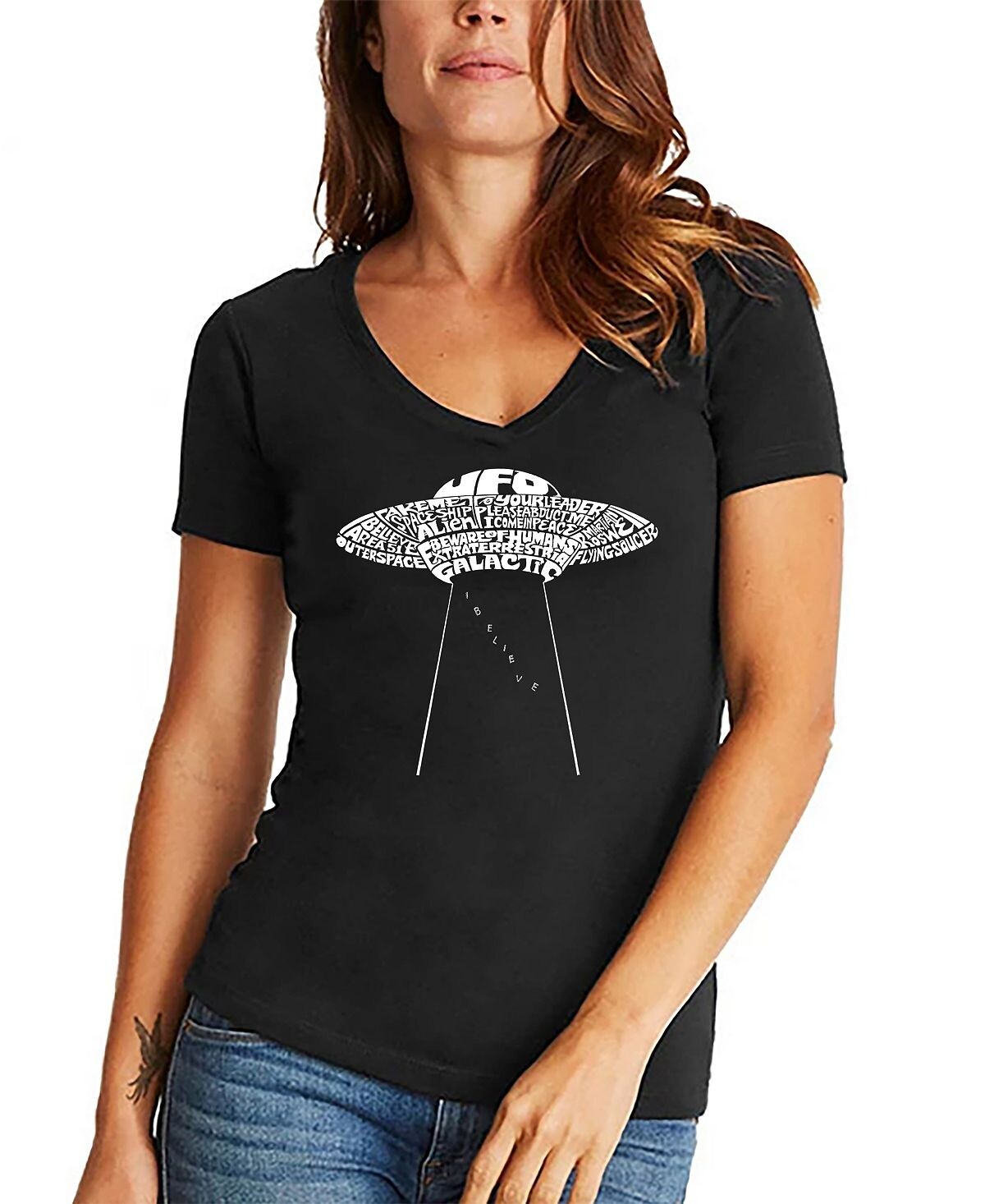

Женская футболка word art flying saucer ufo с v-образным вырезом LA Pop Art, черный