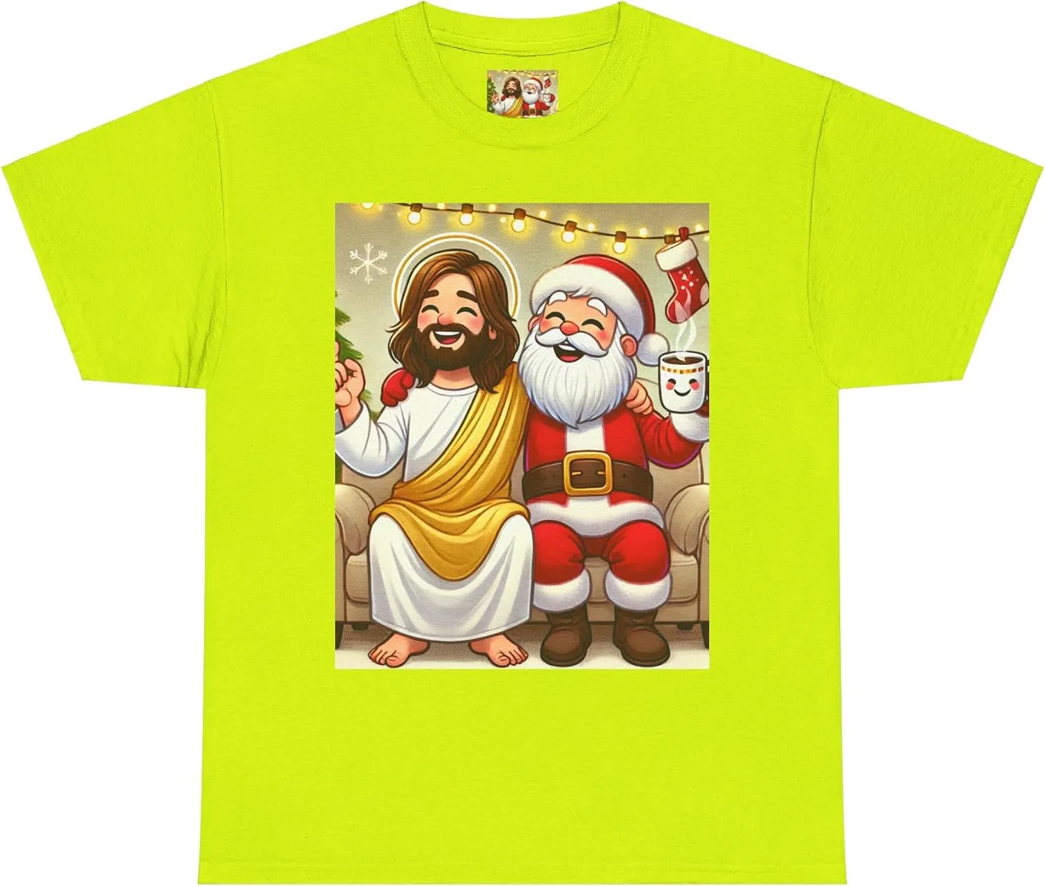 Женская футболка с принтом Funny Santa Jesus Hanging Out, Safety Green