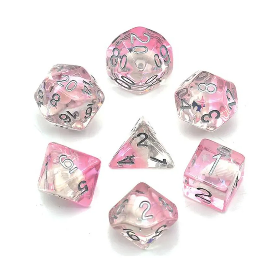 

Набор Poly — розовая раковина с серебром (7), Dice Sets - Resin/Acrylic - Red, Orange, Yellow, & Pink (Foam Brain Games)