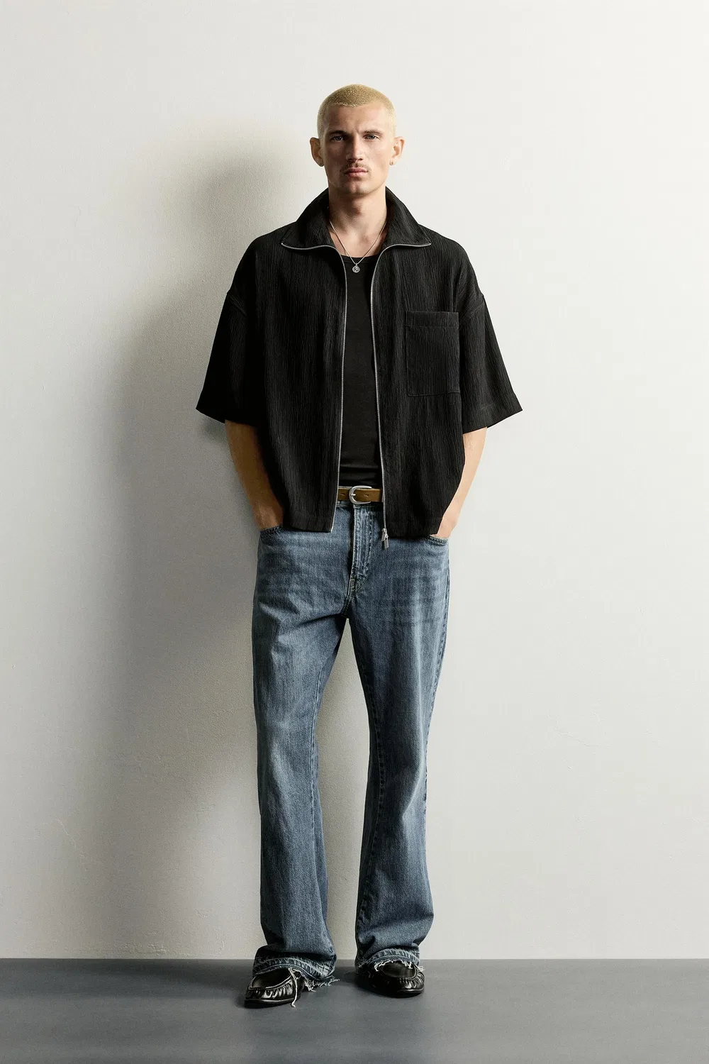 Текстурированная рубашка свободного кроя ZARA, Black