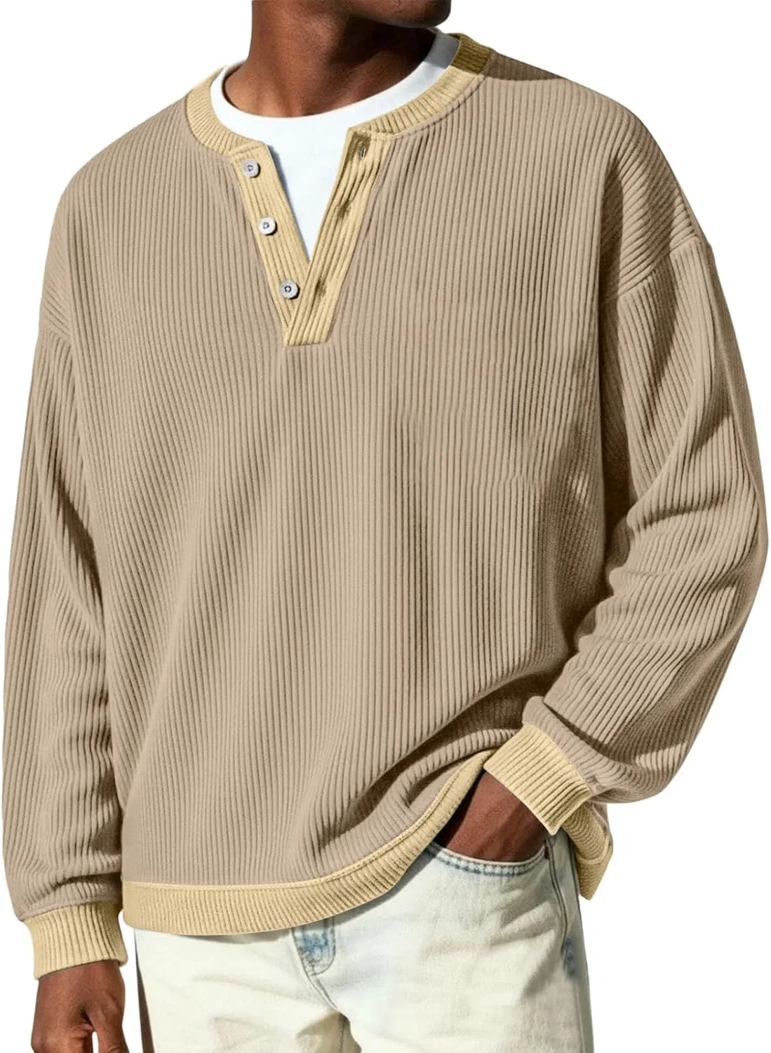 Мужская футболка с длинным рукавом, Ribbed Knit Henley, хаки — фото 2