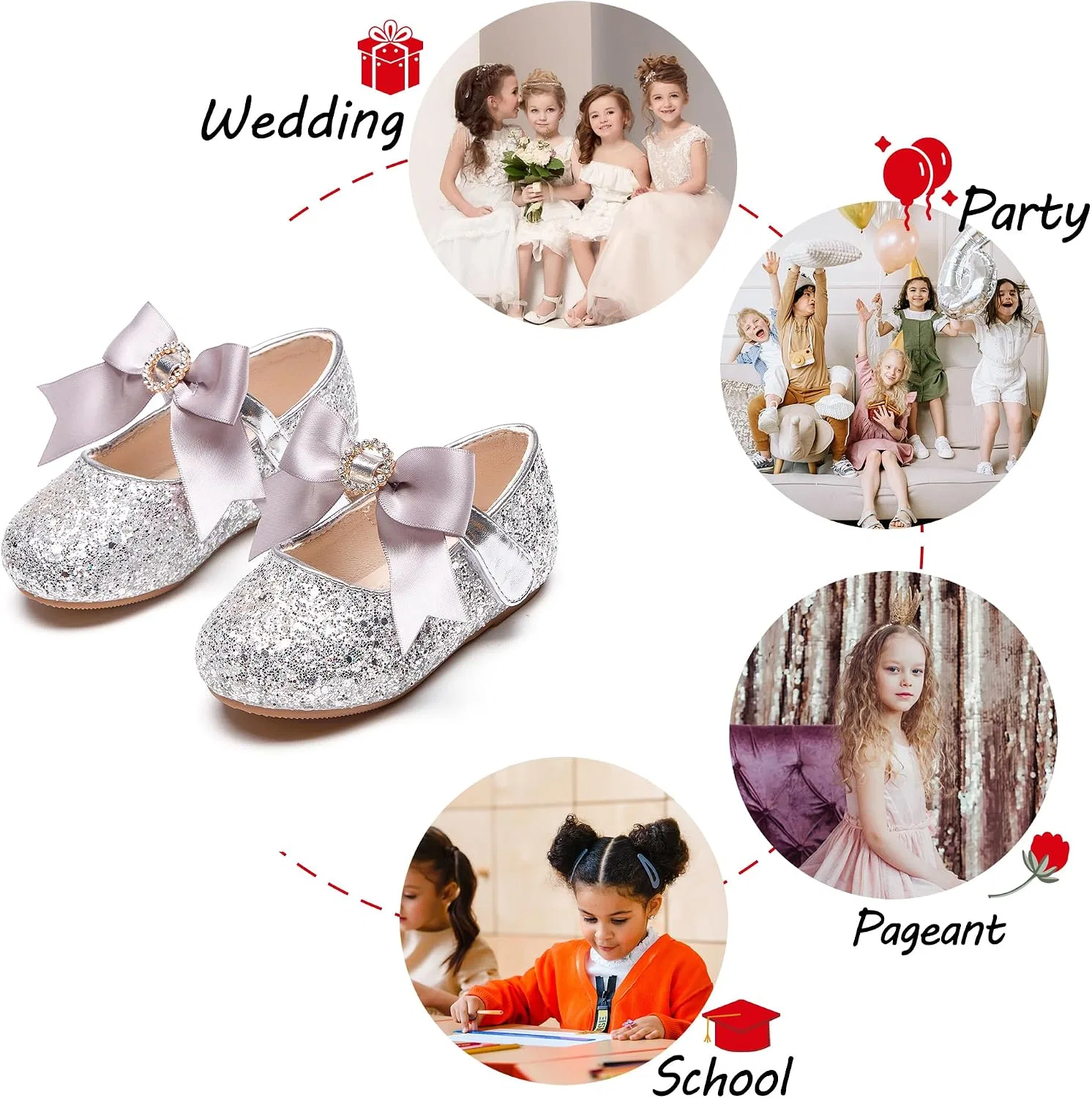 Детские туфли Мэри Джейн для девочек PHIRAMIN, Glitter Bowknot Silver — фото 4