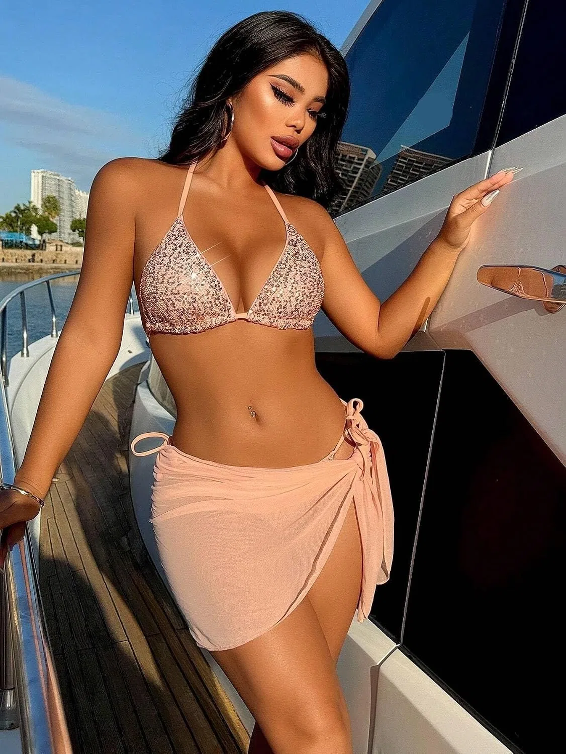 Женский бикини-сет с высокой талией с завязками на спине, Dusty Pink — фото 2