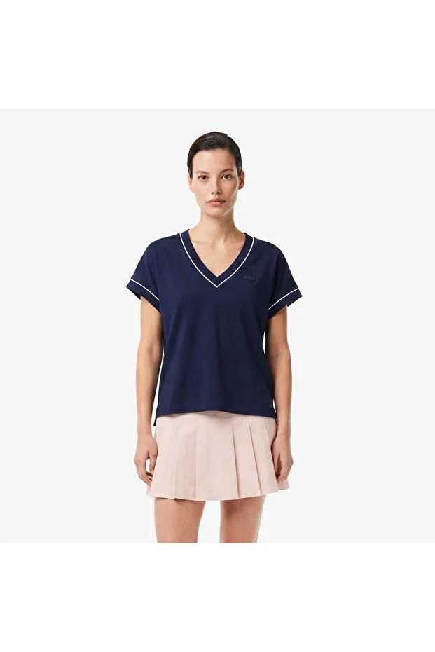Футболка Lacoste 166-Blue, свободного кроя, V-образный вырез, темно-синяя