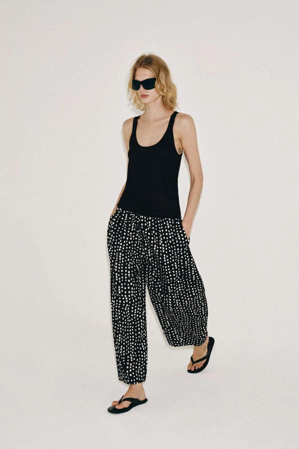 Брюки в горошек в пижамном стиле из коллекции ZW ZARA, Black/Ecru