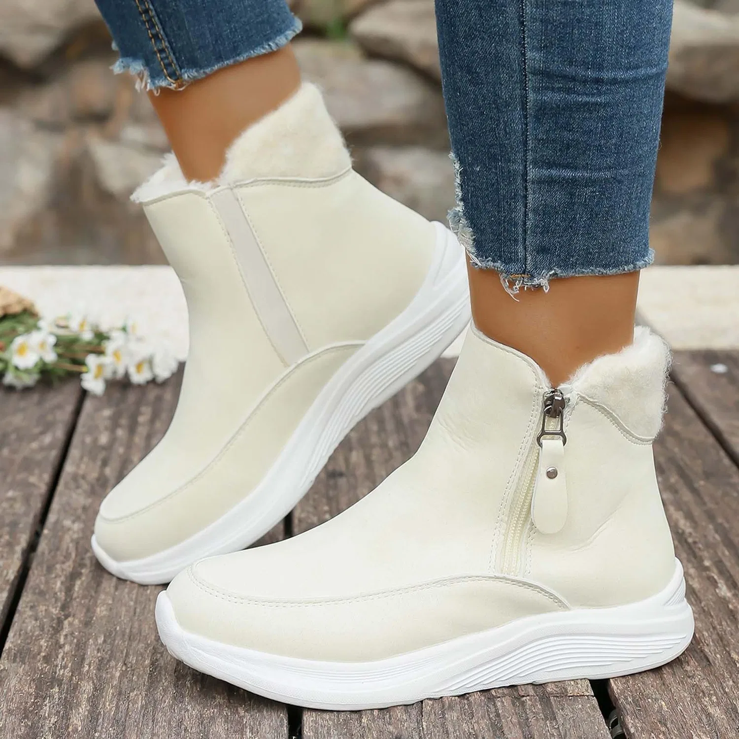 Детские зимние ботинки для девочек с молнией EODJXIO, Beige — фото 3