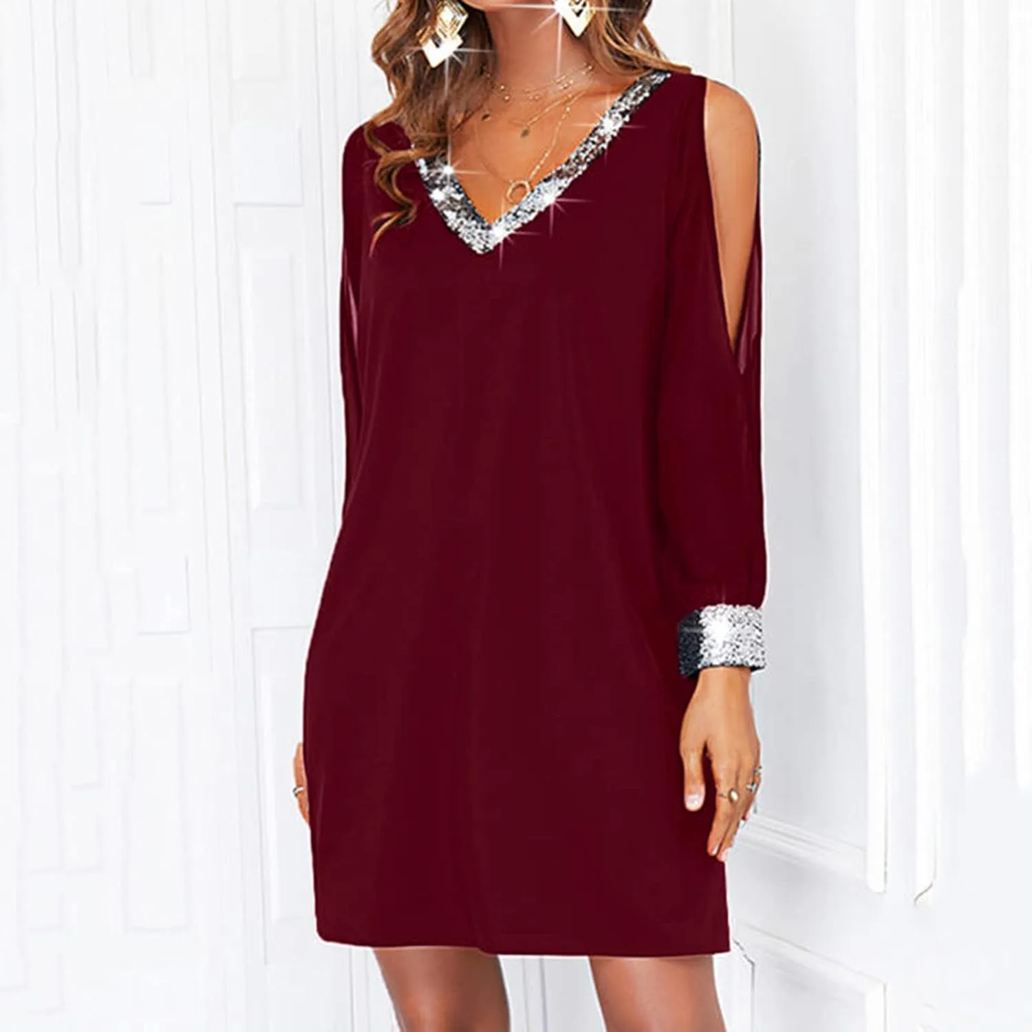 Женское вечернее платье-мини с V-образным вырезом, блестящей сетчатой ​​вставкой и длинными рукавами, элегантного однотонного цвета Generic, 1C-Wine — фото 3