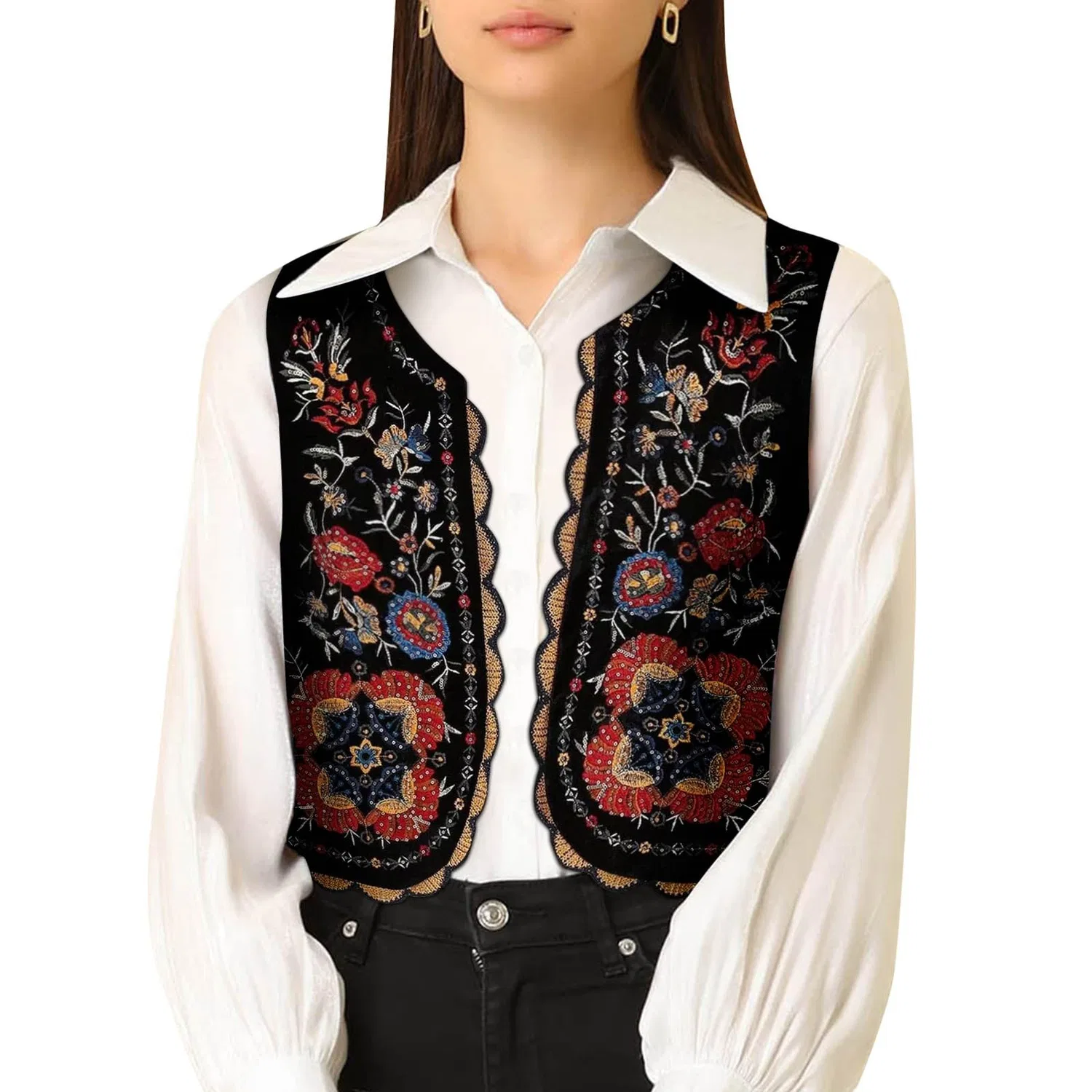 Женский жилет без рукавов с цветочной вышивкой Vintage Boho, Black — фото 3