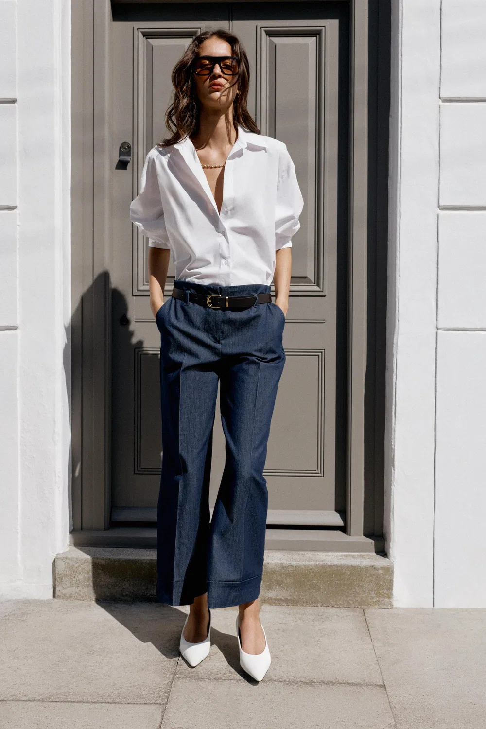Брюки с поясом и подвернутыми штанинами ZARA, Indigo