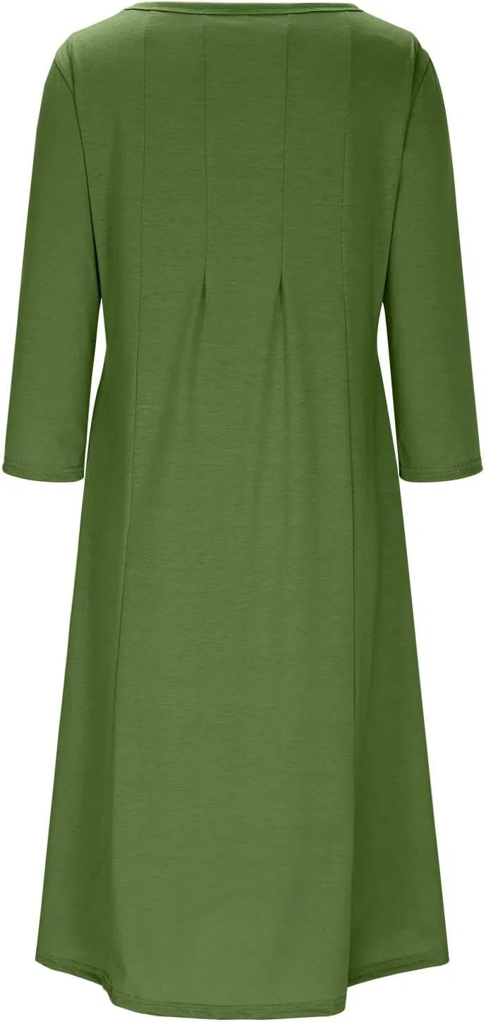 Женское платье миди А-силуэта с 3/4 рукавом, Solid Color Pleated Dress, Army Green — фото 3