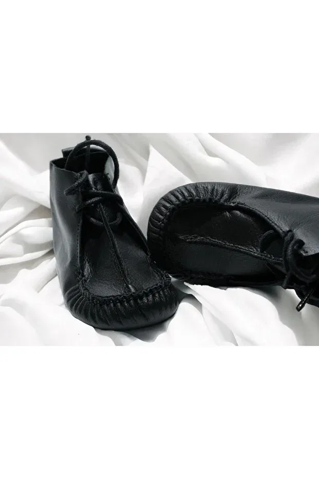 Детская обувь для новорожденных кожаная с принтом Genuine calfskin baby sole first step shoes - black sole lace up baby rok Akdam, Black — фото 3