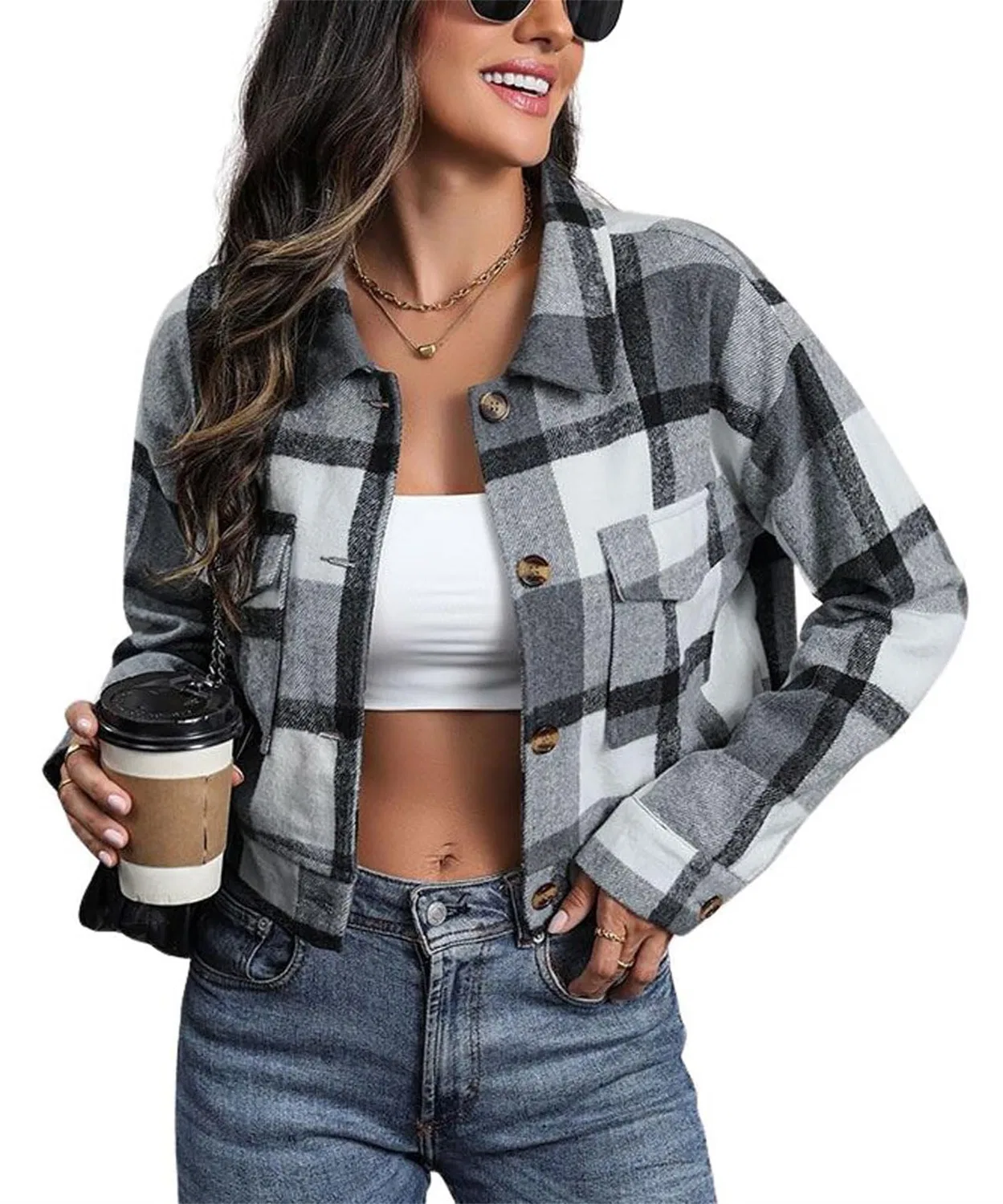 Женская куртка из фланели с длинным рукавом Plaid Flannel Jacket, grey