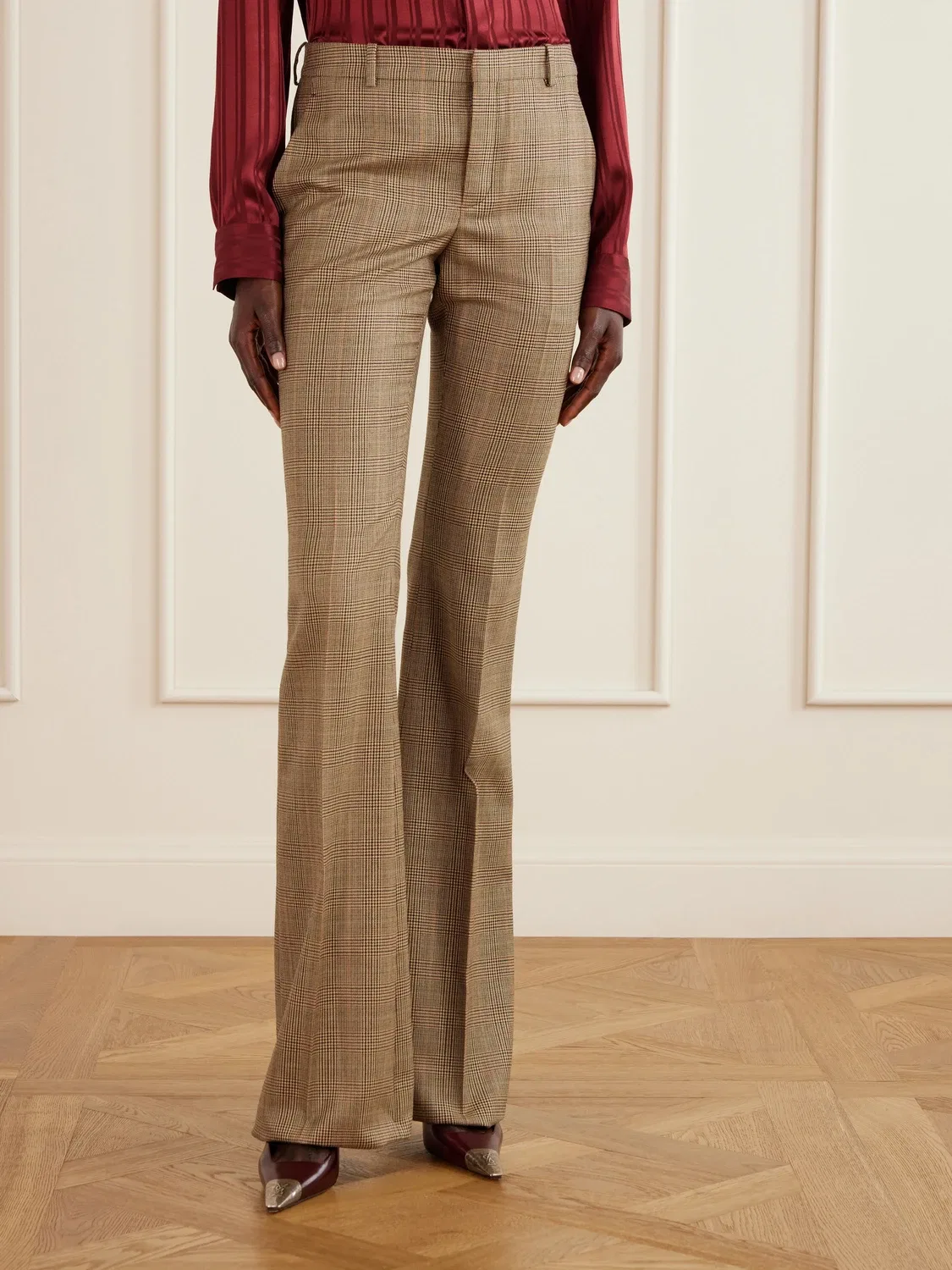 Расклешенные брюки Prince of Wales из чистой шерсти SAINT LAURENT, коричневый — фото 3