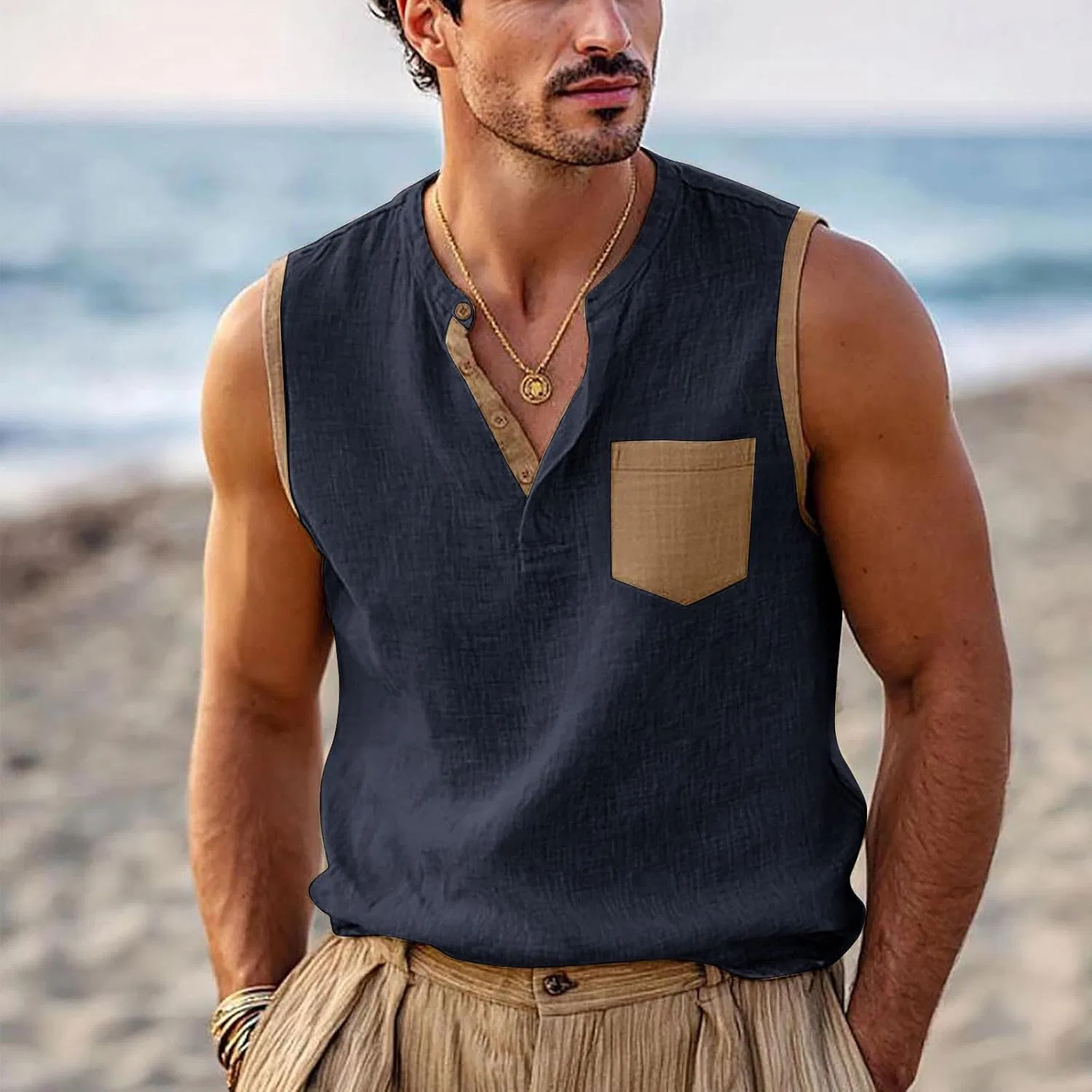 Мужская безрукавка с V-образным вырезом Cotton Linen, Navy — фото 2