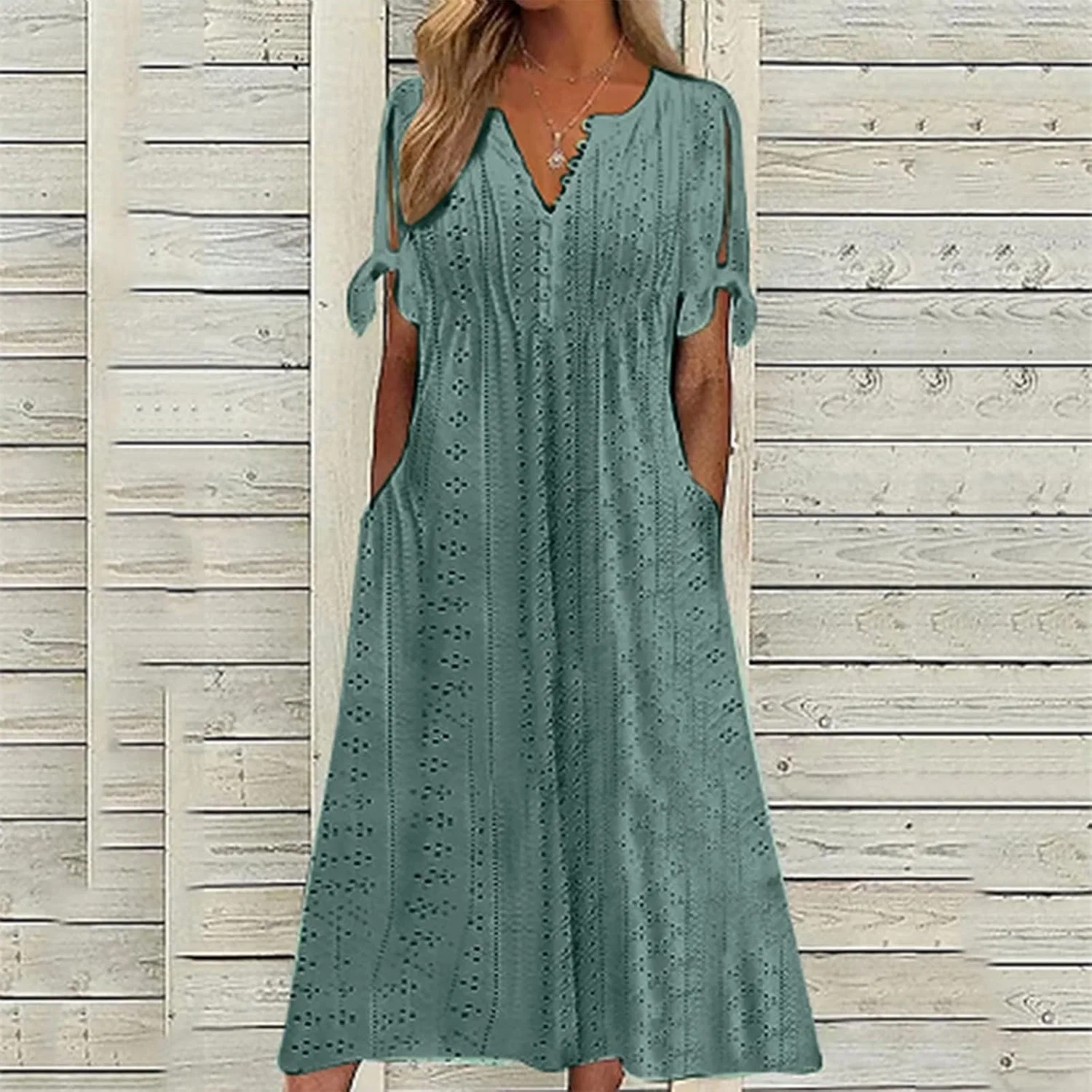 Женское летнее платье макси с вышивкой и завязками, Dark Green — фото 2