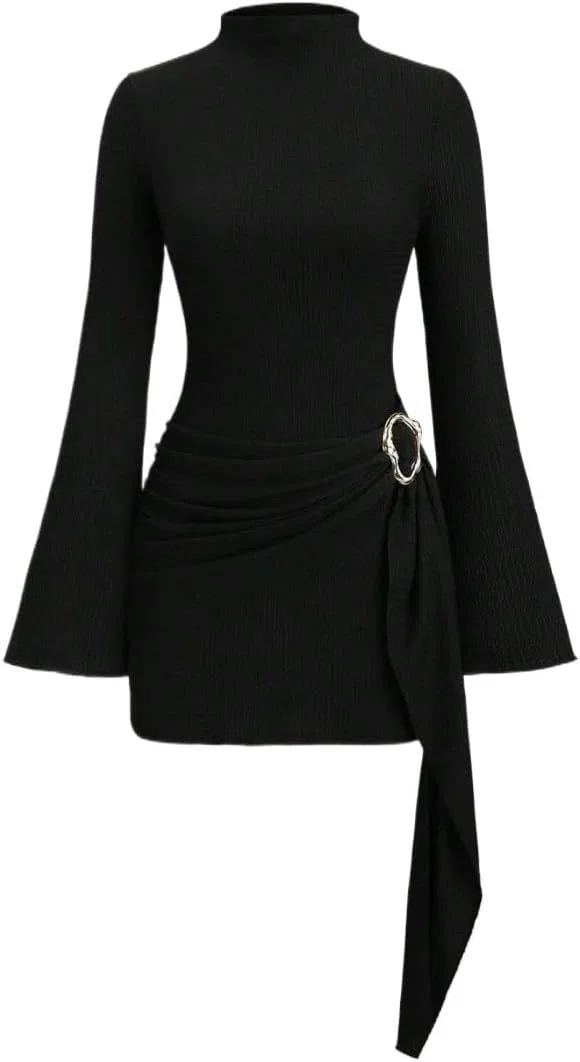 Женское облегающее платье с воротником-стойкой и расклешенными рукавами, Black