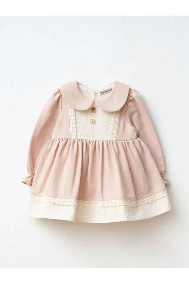 Детское платье для девочек с длинным рукавом Nostalgic cut with scallop detail special occasion baby dress Cherrys Bebek, Powder — фото 2