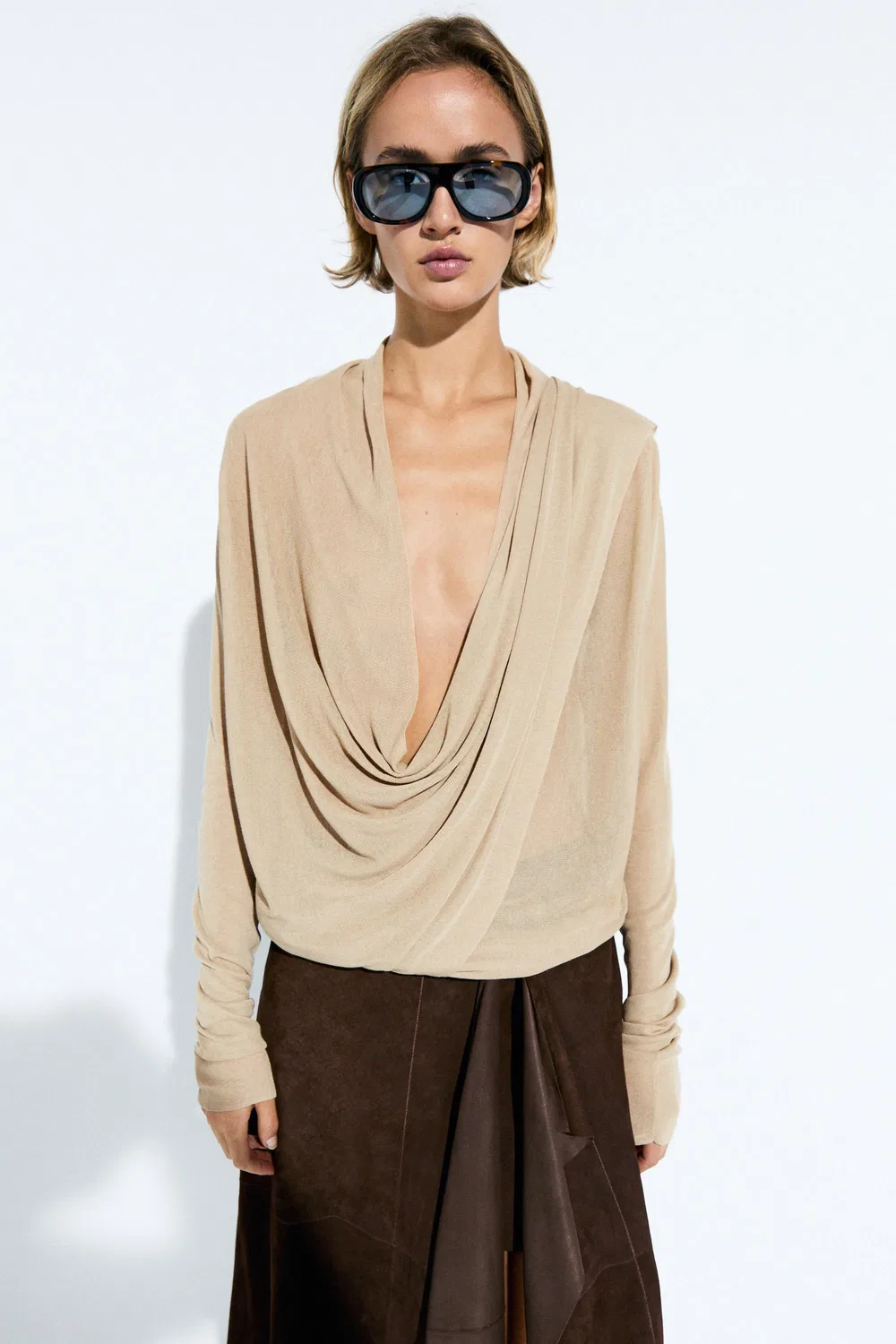Кардиган Massimo Dutti Draped Wrap-Effect Knit, песочный