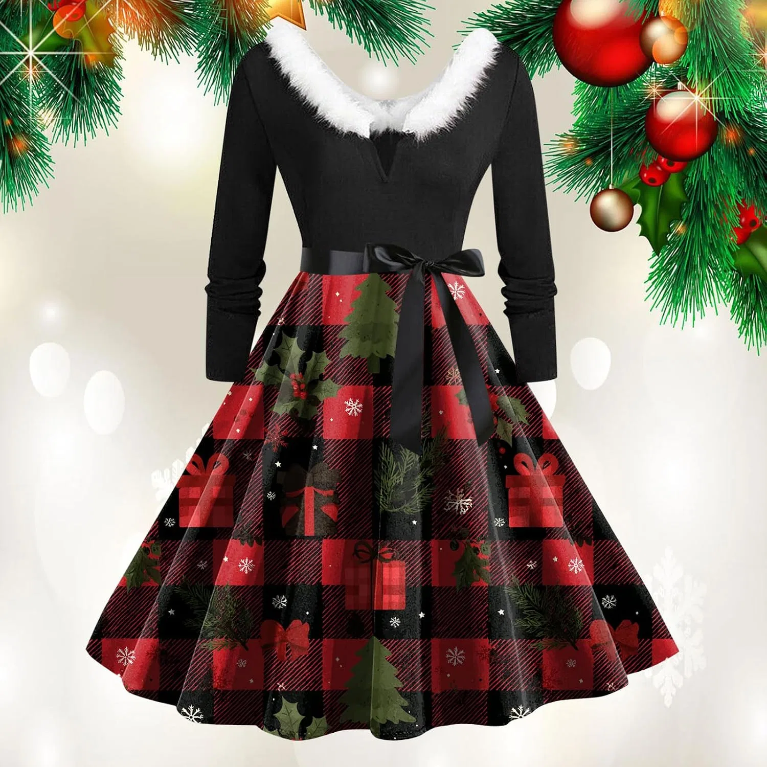 Женское платье-трапеция с принтом, Vintage Holiday Party, красный — фото 2