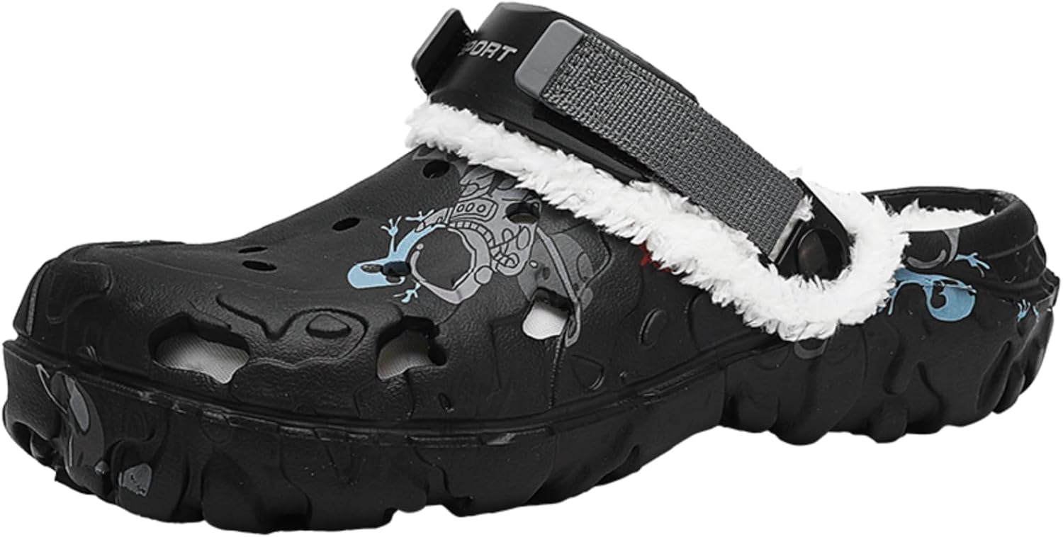 

Унисекс зимние сабо с меховой подкладкой, садовая обувь с искусственным мехом, пушистые домашние сабо для дома и улицы, мягкие легкие сандалии с регулируемым ремешком Yuktopa, черный