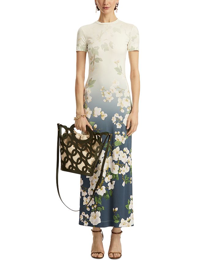 

Короткий рукав, платье-джерси с цветущей сакурой Oscar de la Renta, мультиколор
