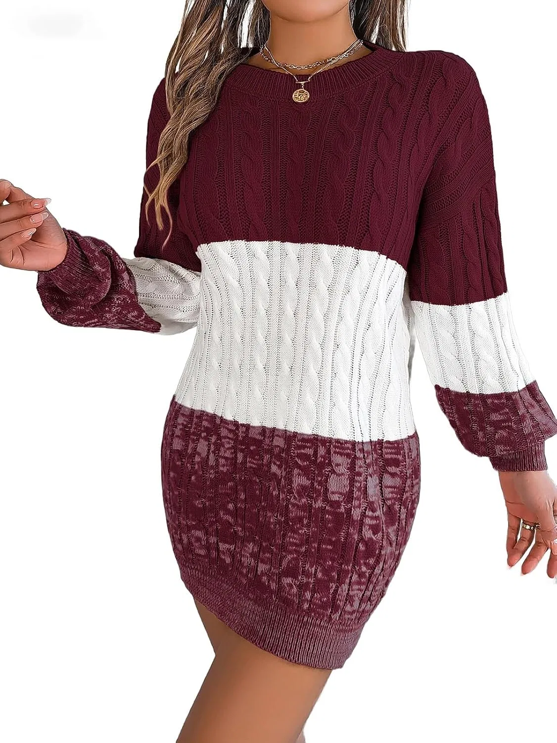 Женское облегающее платье-свитер с цветовым блоком Puff Sleeves, 10