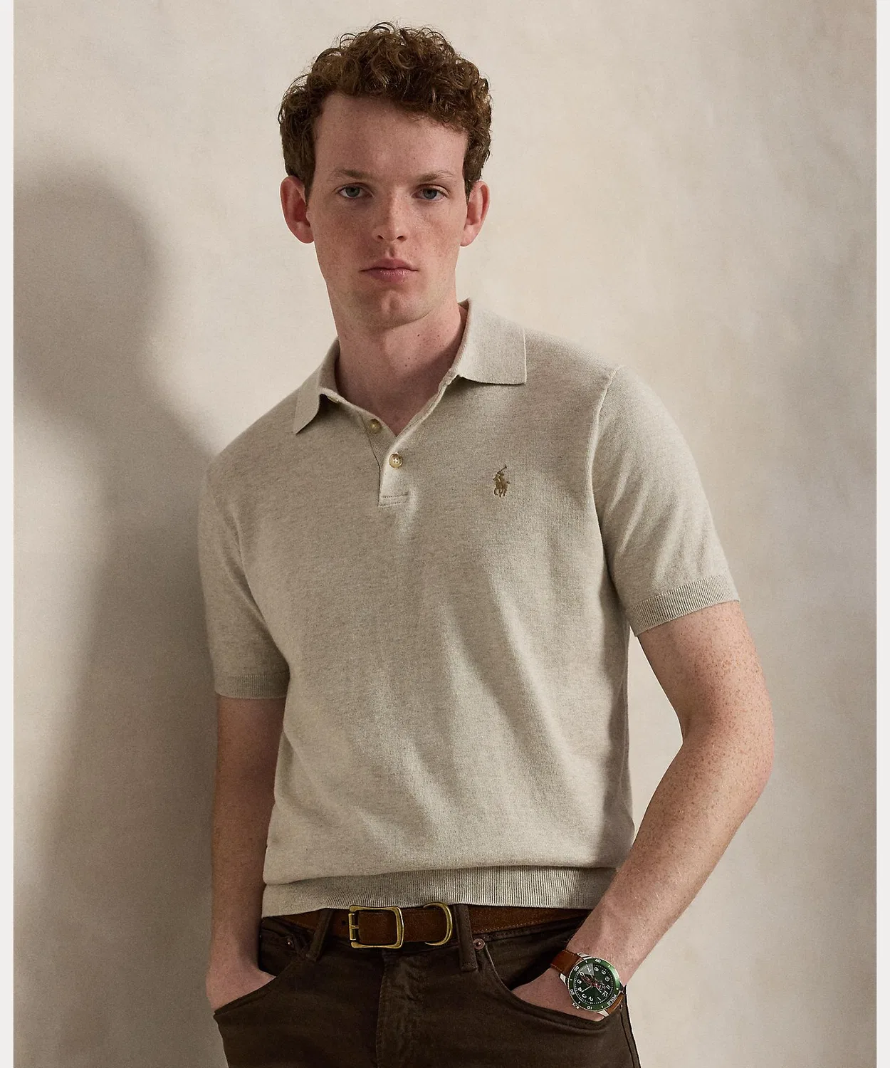 Мужской хлопковый свитер с поло-воротником Polo Ralph Lauren, Коричневый