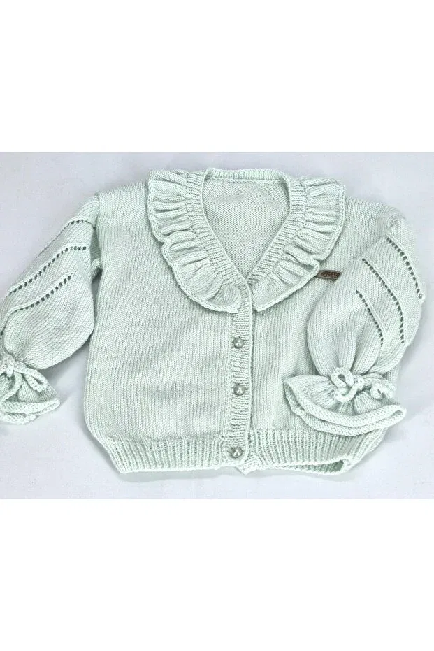 Детский кардиган с воротником-рюш для девочек Hand knitted girl's ruffle collar cardigan Evitle, Water Green — фото 2