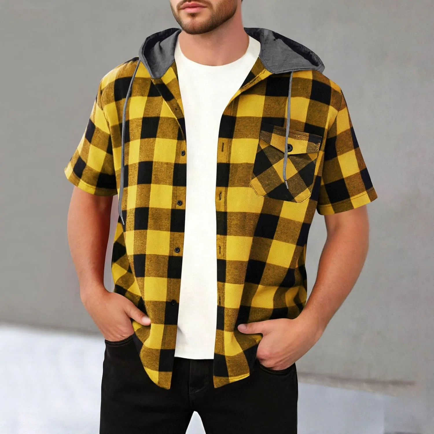 Мужская фланелевая рубашка с капюшоном и карманом, Gray Hood_yellow — фото 2