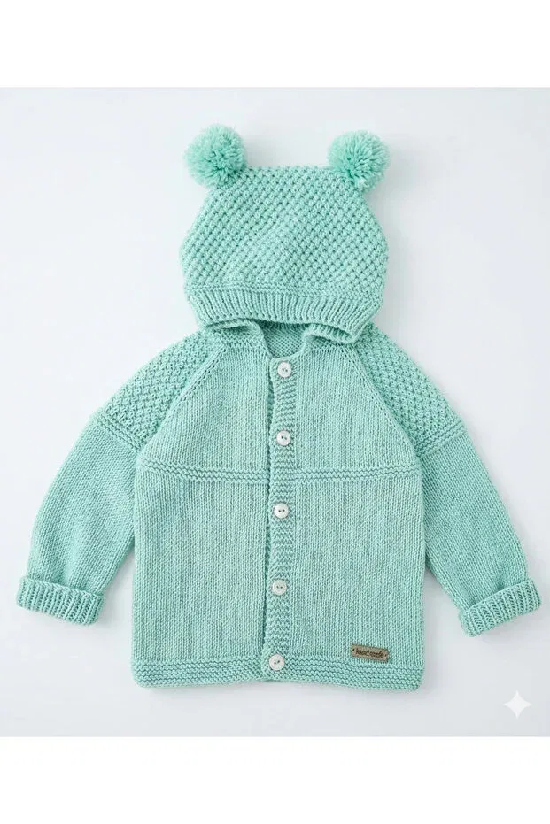 Детский кардиган с капюшоном Hand Knitted Turquoise Color Unisex Hooded Baby Cardigan Minohouse, Turquoise