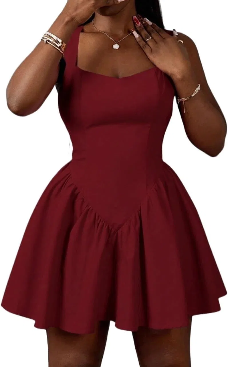 Женское повседневное мини-платье с открытой спиной, Heart-Neck, Burgundy