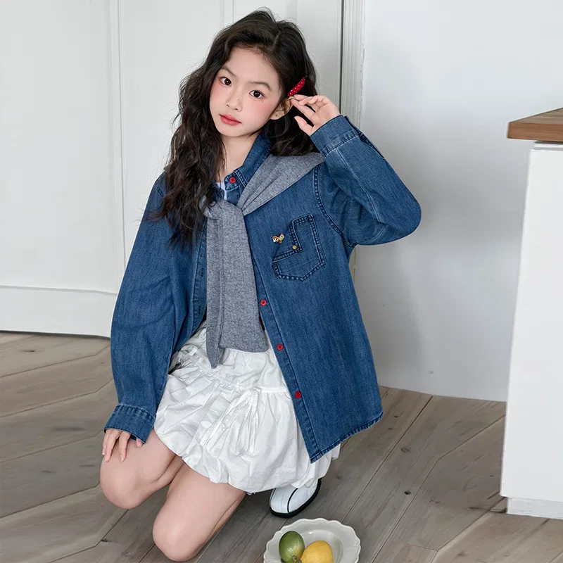 Детская джинсовая рубашка с длинным рукавом Solid Color Spring Fall Kids' PLANDOO — фото 4
