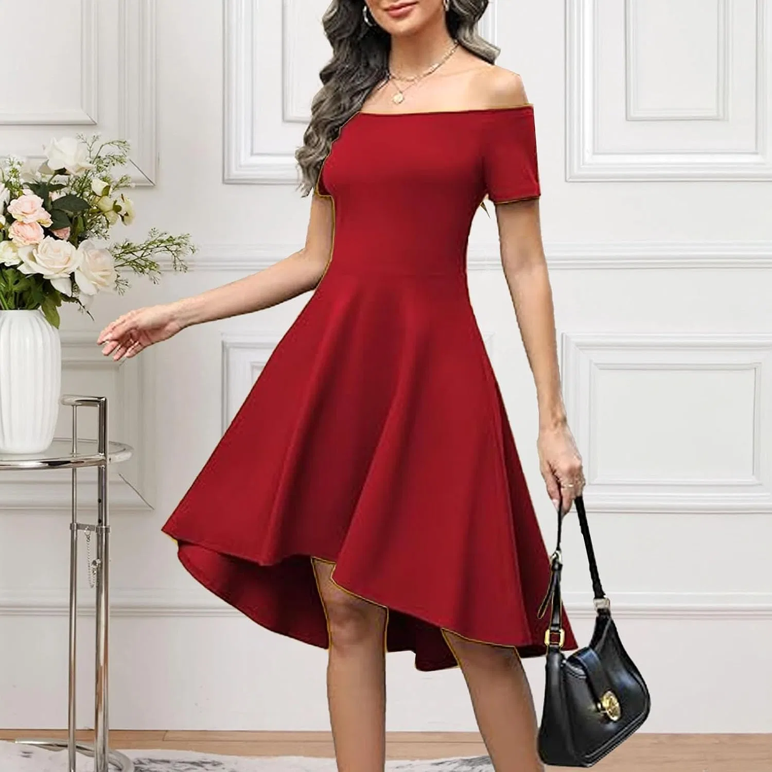 Женское коктейльное платье с открытыми плечами, Red — фото 3