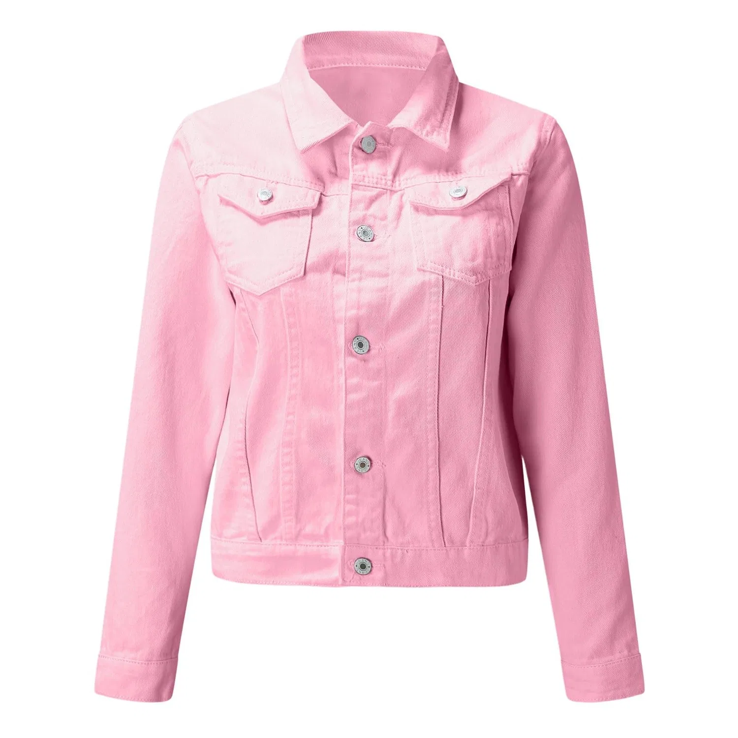 Женское джинсовое пальто с принтом Vintage Lapel Button Down Long Sleeve Short Pocket Distressed Denim Shirt Denim Jacket Coat for Teenage Girls Loose Coat, Pink — фото 2