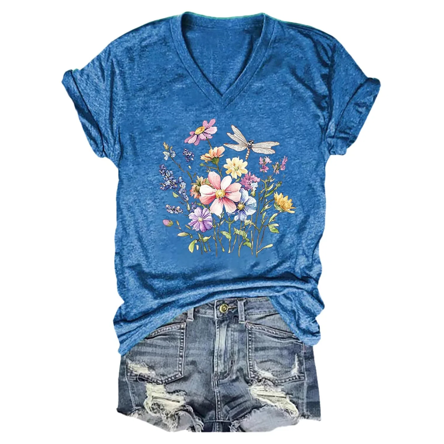 Женская футболка с v-образным вырезом и принтом Vintage Boho Wild Flower, Z05-blue