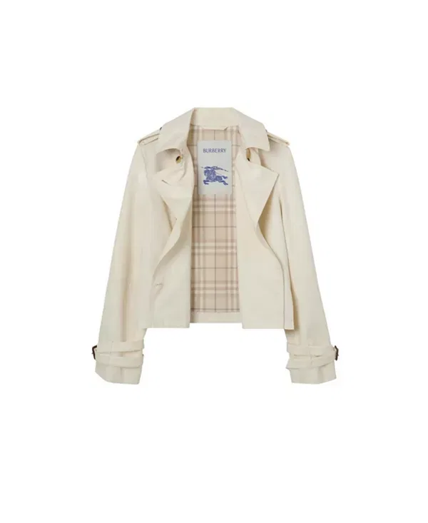 Женское пальто-тренч укороченное из тропической габардины Swarby Burberry, Tundra White — фото 4