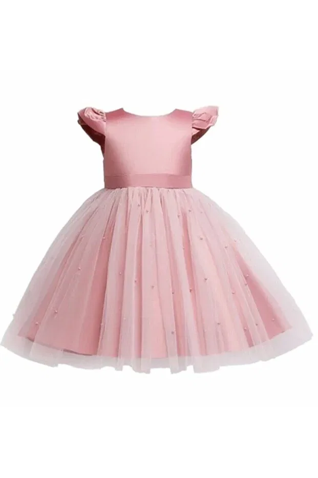 Детское платье для девочек с принтом Girl'S Bow Detailed Pearl Graduation Birthday Party Dress Princess Dress Nsmlife, Powder — фото 4
