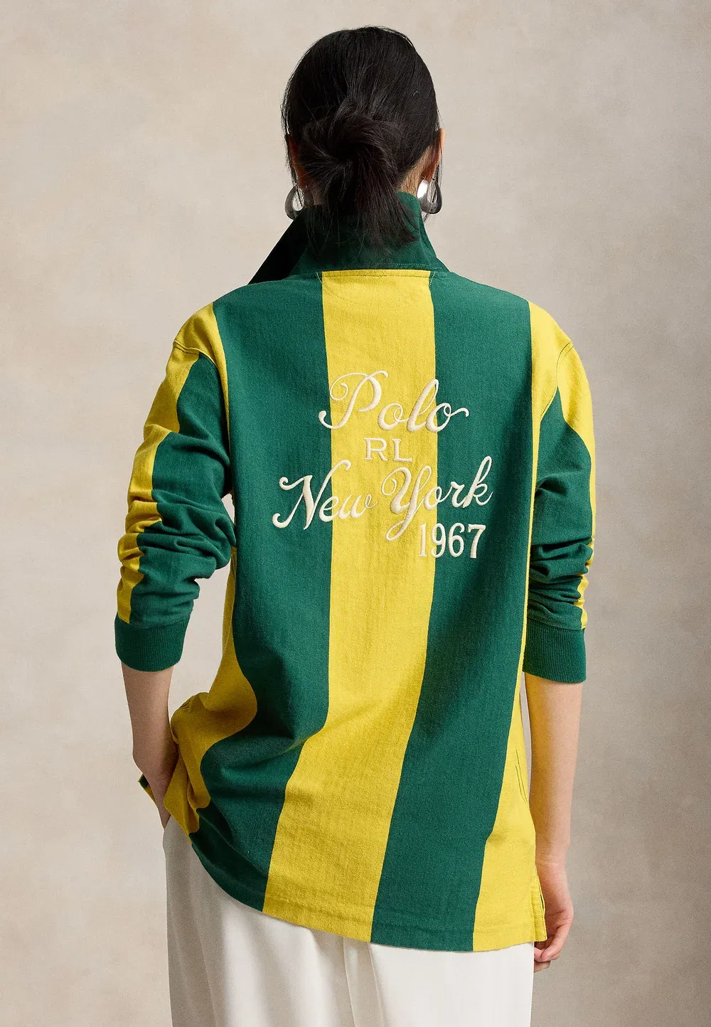 Свободная хлопковая регбийная рубашка с вышивкой, с длинными рукавами Polo Ralph Lauren, Kelly Green/Canary Yellow