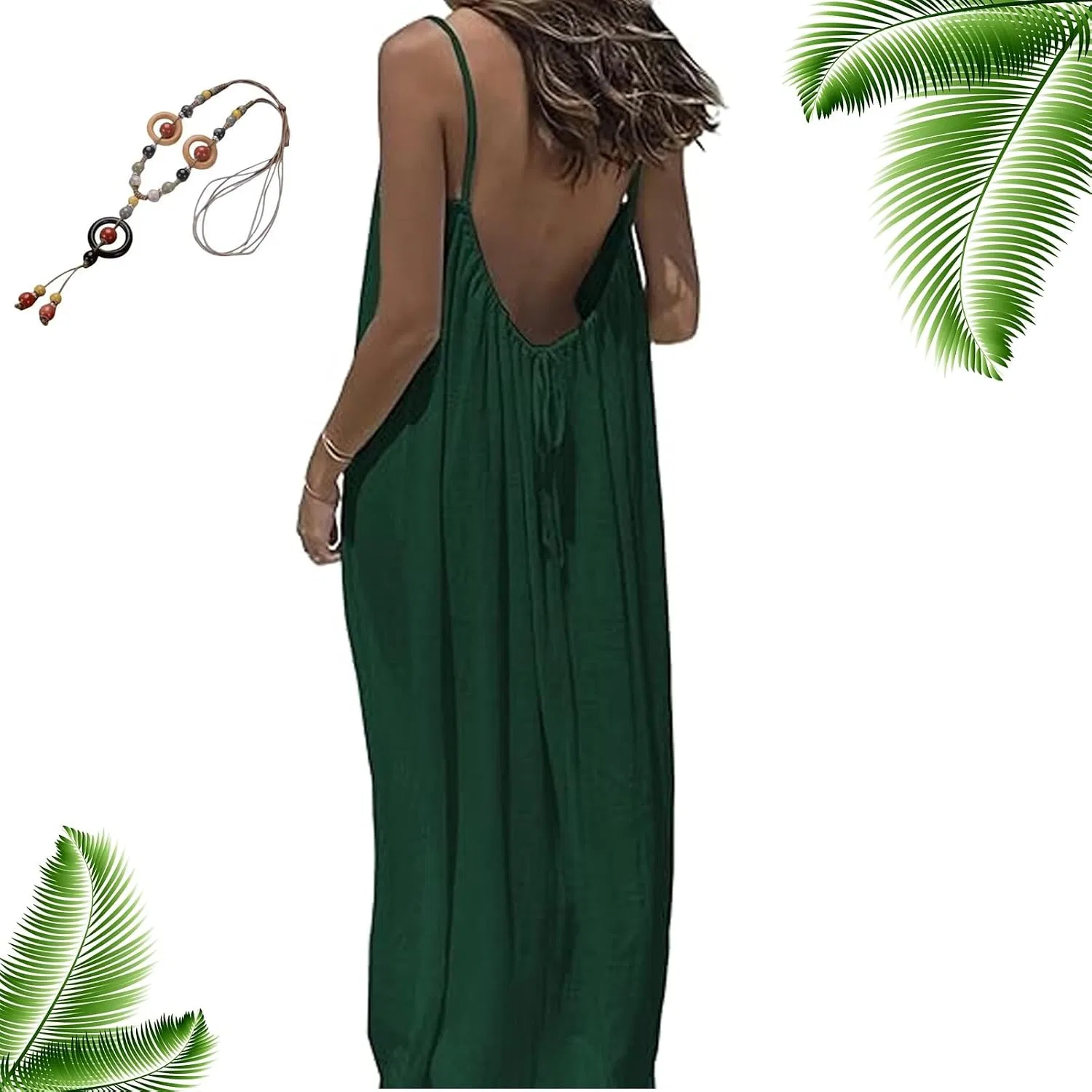 Женское летнее платье на бретелях с открытой спиной Sorose, Dark Green